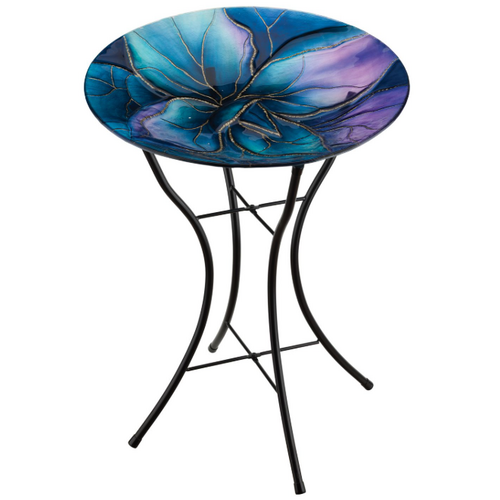  18" Glass Birdbath with Stand Swirl Blue 