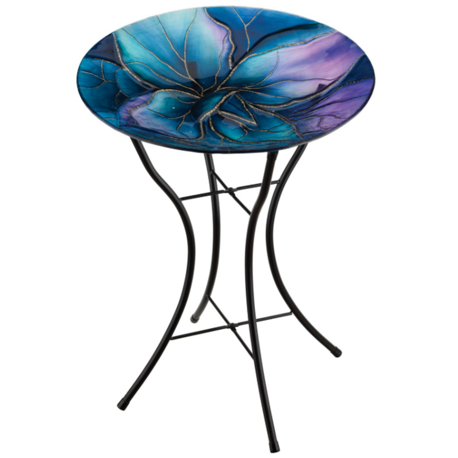 18" Glass Birdbath with Stand Swirl Blue