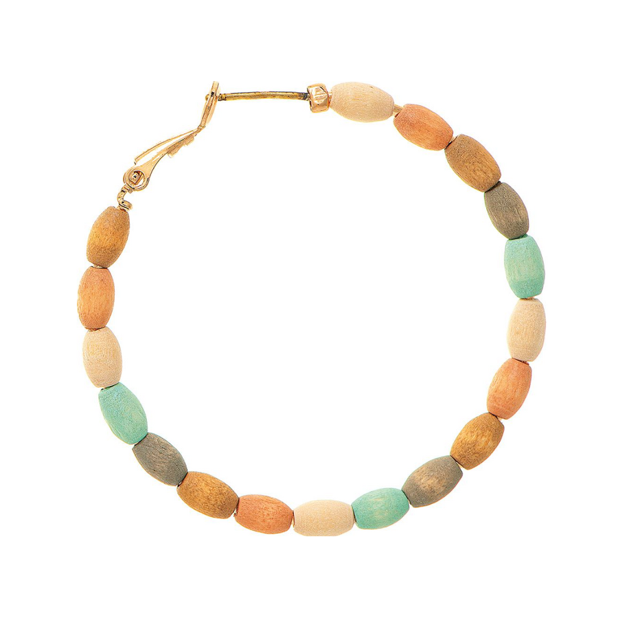 Gold Light Multicolor Wood Bead Hoop Earrings