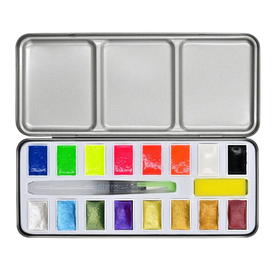 Metallic & Neon Watercolor Paint Set (18 Colors)