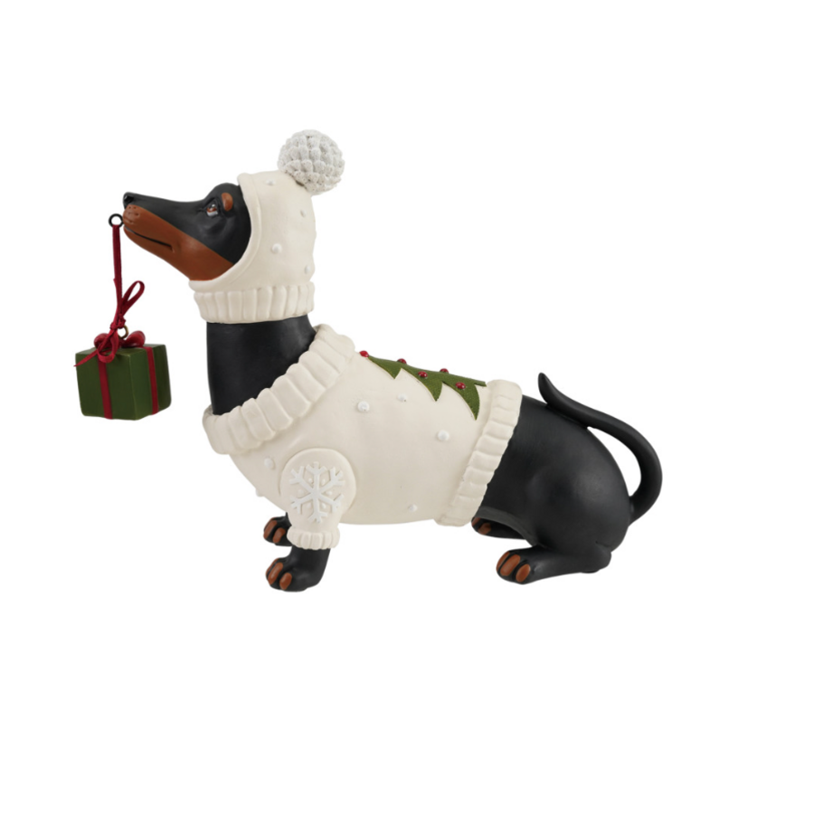 Resin Dachshund in Holiday Sweater & Hat