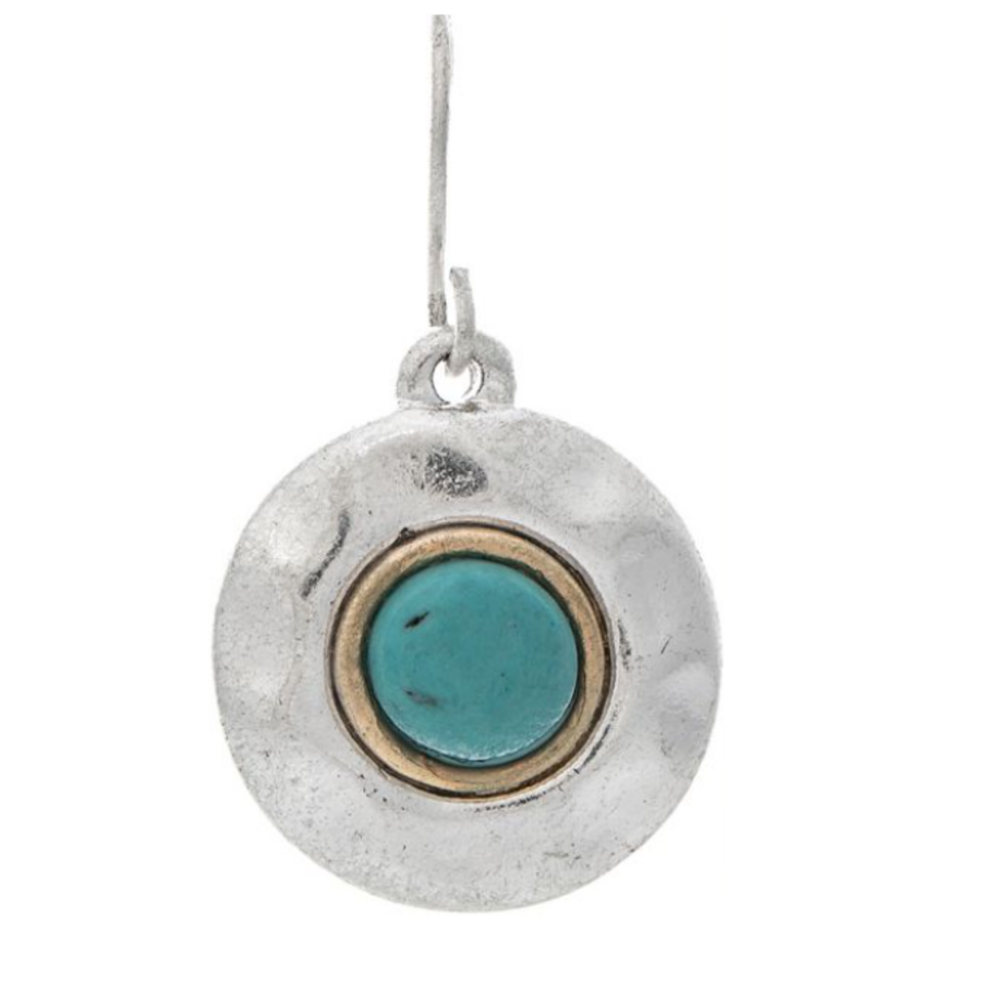 Two Tone Turquoise Hammered Disc Earrings