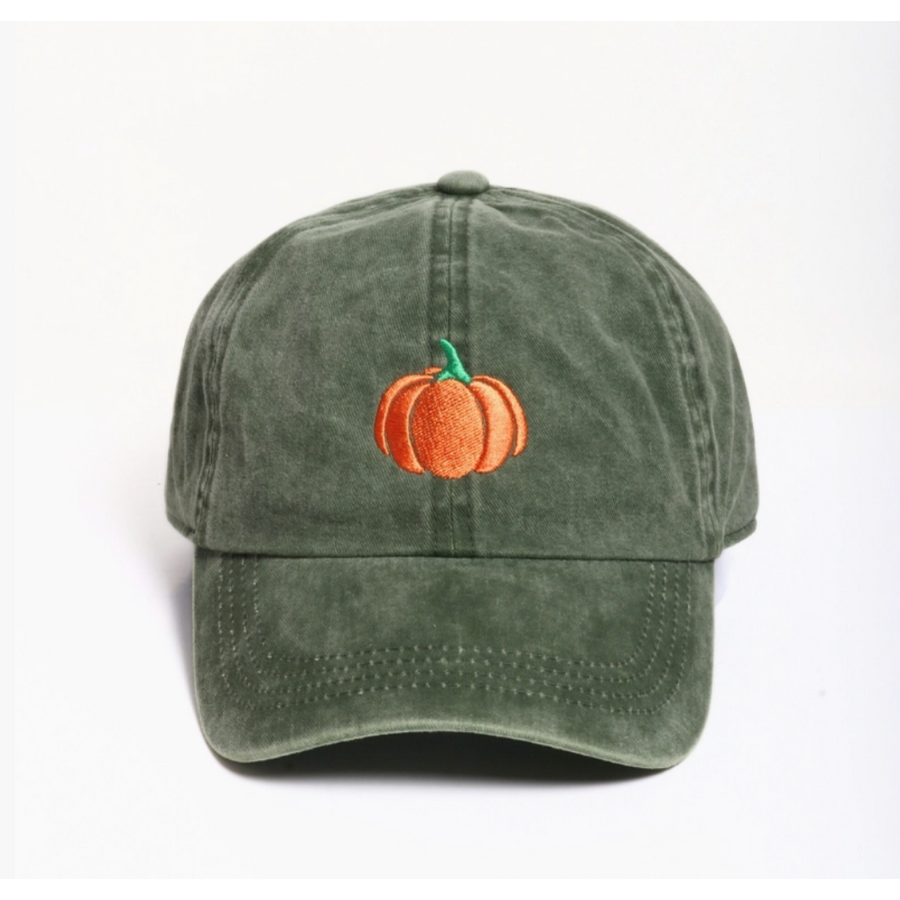 Pumpkin Embroidery Fall Baseball Cap Olive