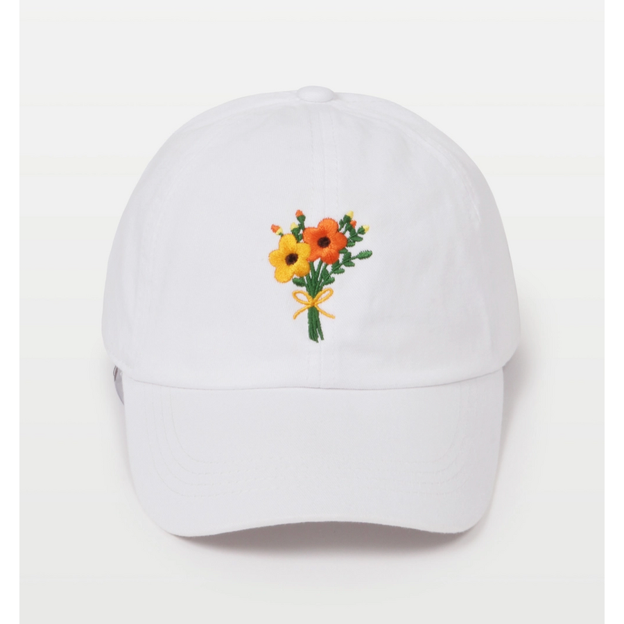 Flower Embroidery Cotton Baseball Cap White
