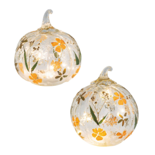  Mud Pie Pressed Flower LED Glass Pumpkin 