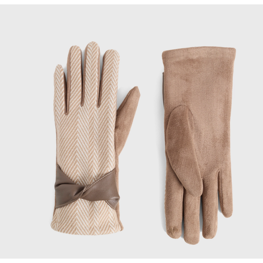 Faux Leather Twist Houndstooth Touchscreen Gloves Tan