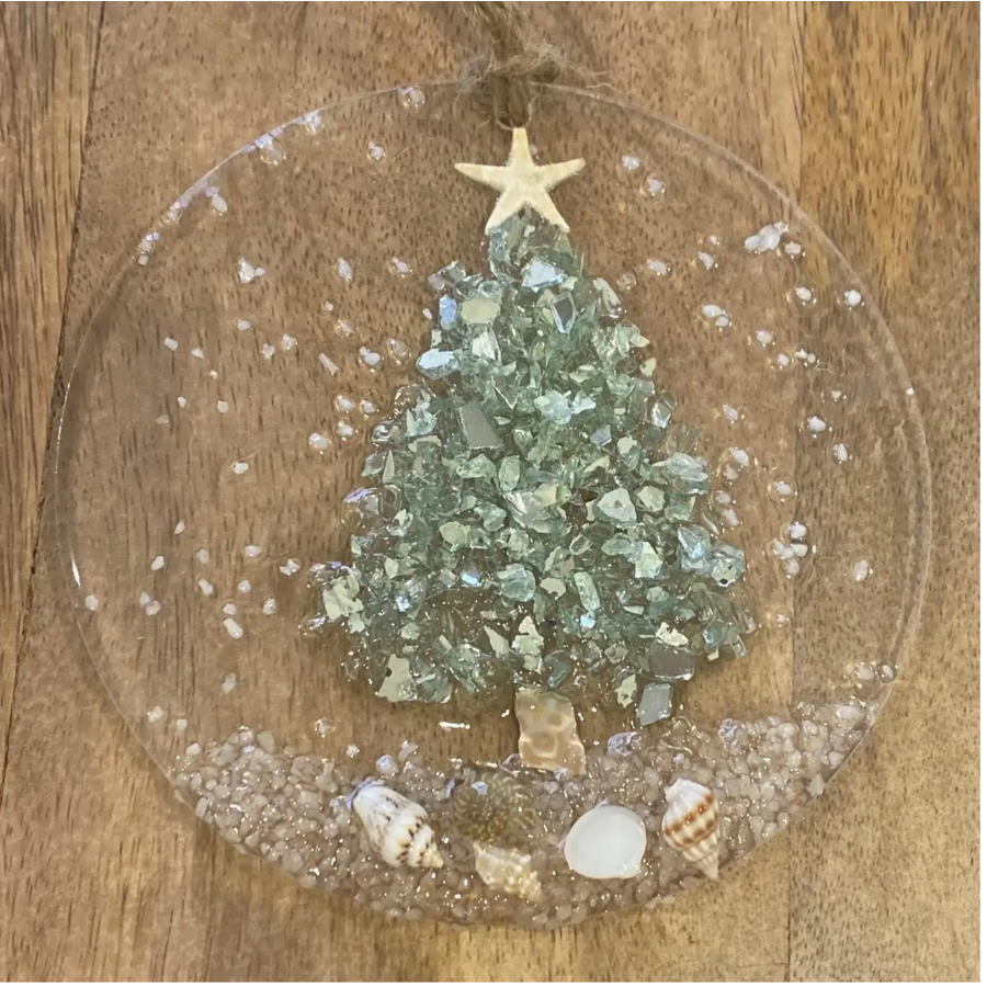Coastal Christmas Ornament Aqua Tree with Shells and Beach