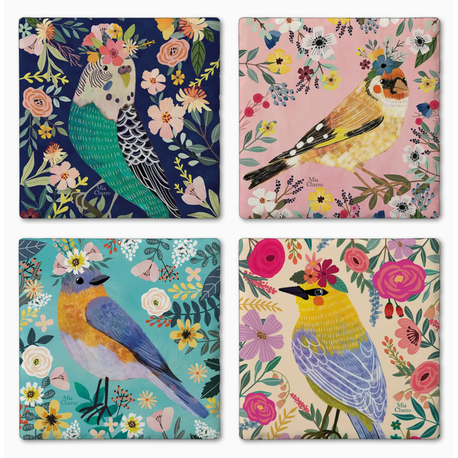 Floral Birds Stone Coasters 4 Pack