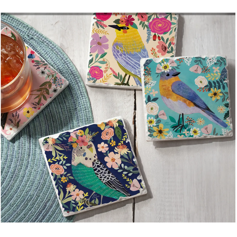 Floral Birds Stone Coasters 4 Pack