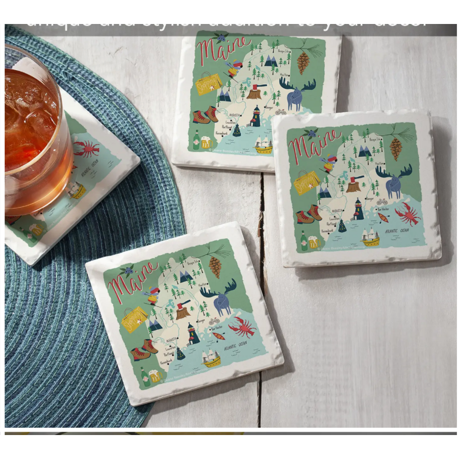 Maine State Icons Stone Coasters 4 Pack