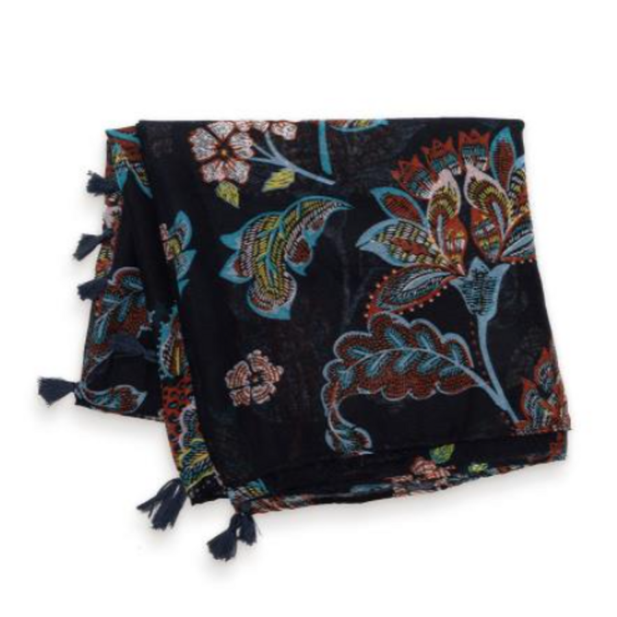 Navy Autumnal Floral Tassel Scarf