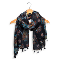 Navy Autumnal Floral Tassel Scarf