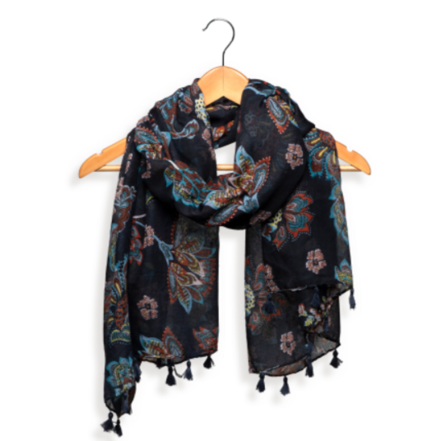 Navy Autumnal Floral Tassel Scarf