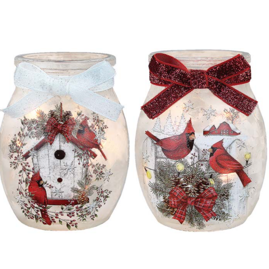 Country Cardinals Pre-Lit Small Jar