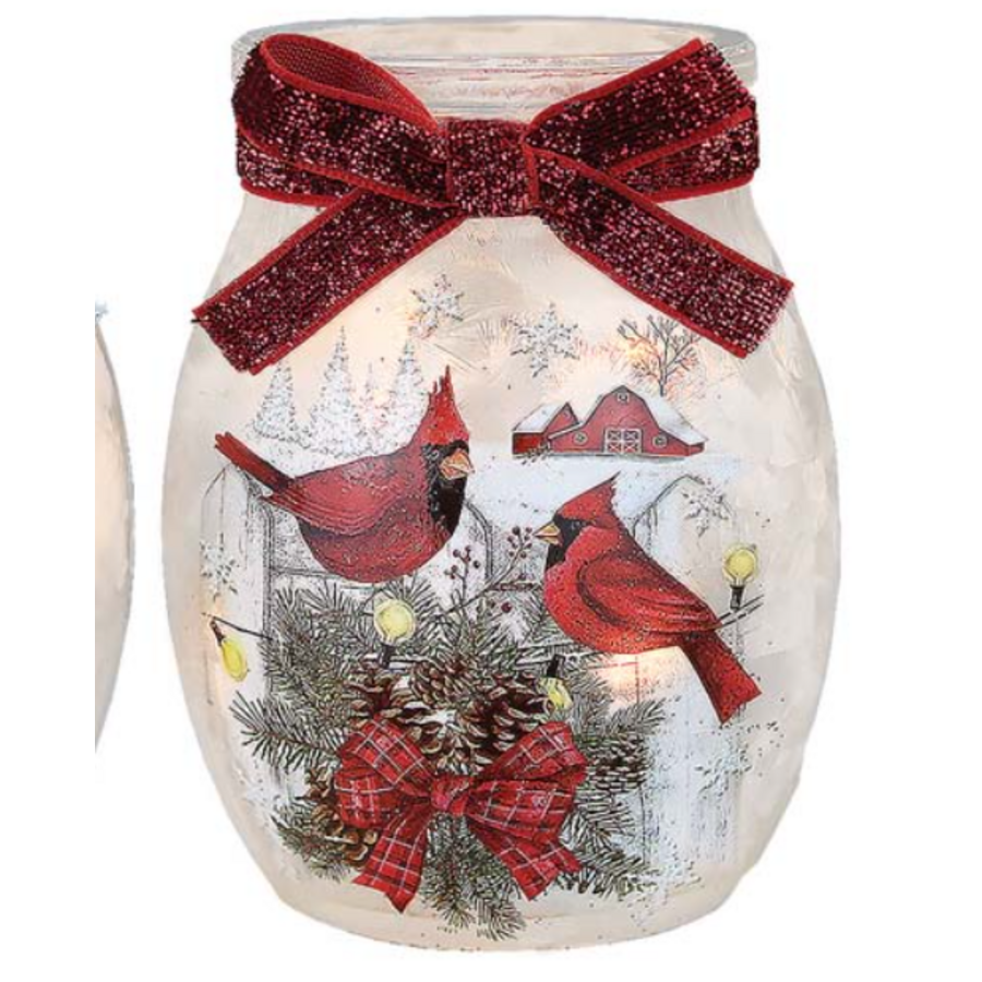Country Cardinals Pre-Lit Small Jar