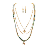 Gold Green Gem Glass Layer Necklace Set