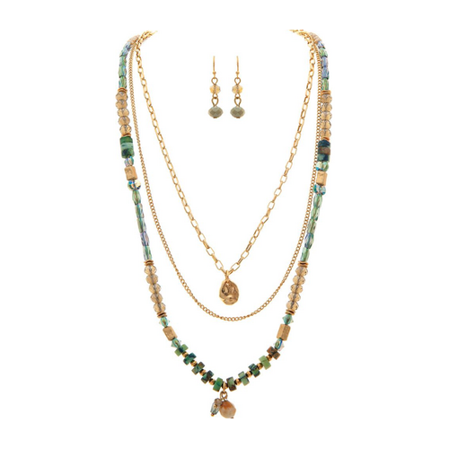  Rain Jewelry Collection Gold Green Gem Glass Layer Necklace Set 