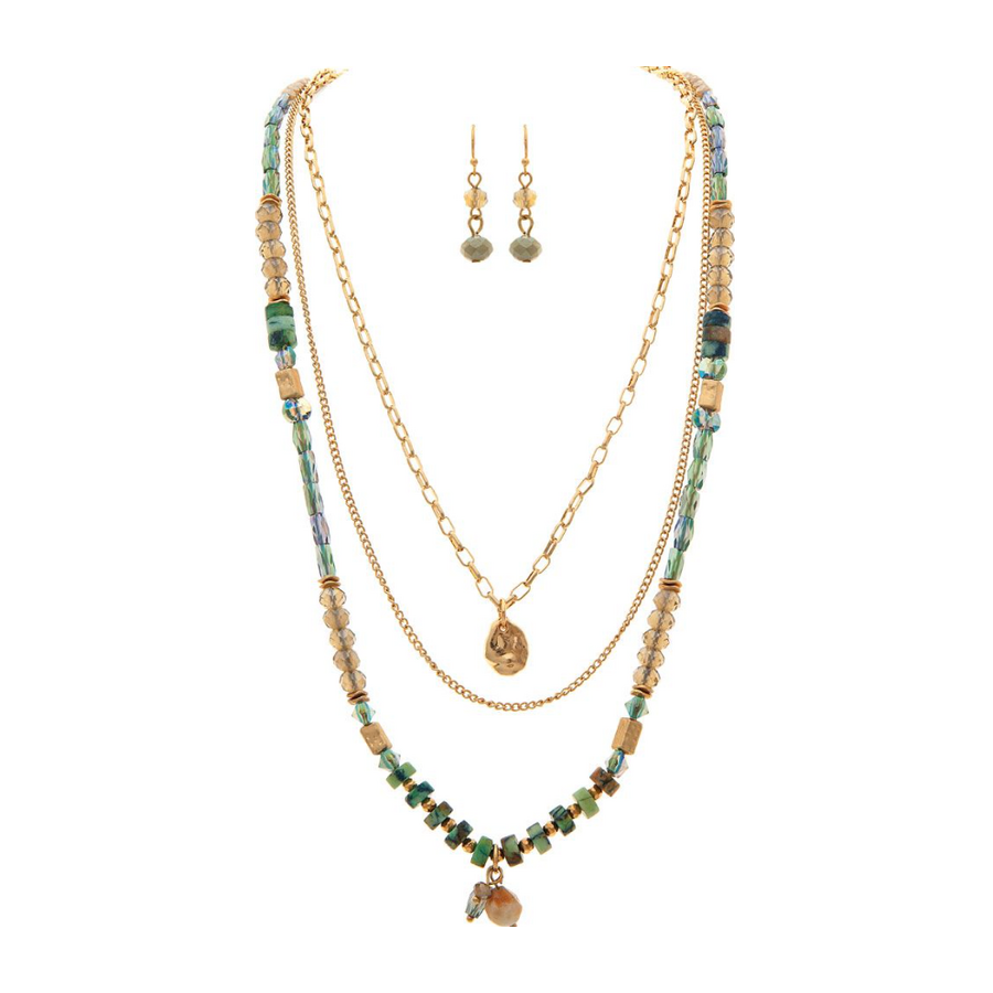 Gold Green Gem Glass Layer Necklace Set