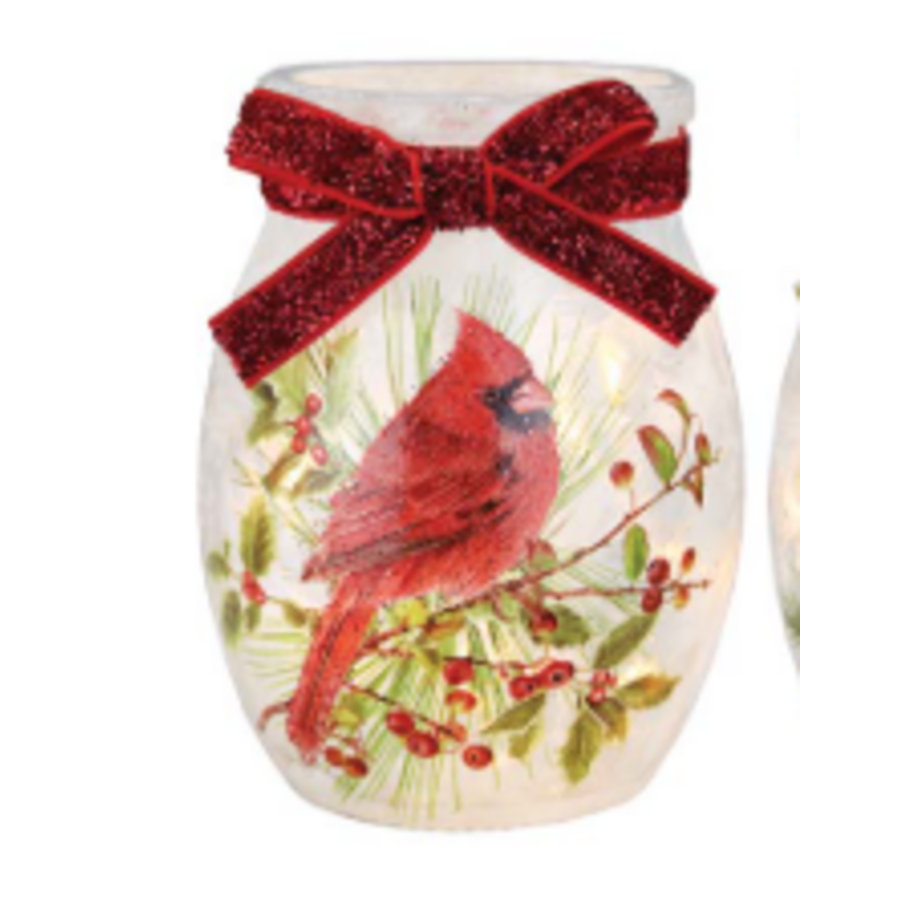 Cardinals on Greens Pre-Lit Small Jar