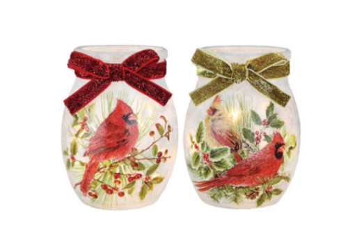  Stony Creek Cardinals on Greens Pre-Lit Small Jar 