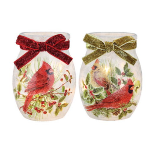  Stony Creek Cardinals on Greens Pre-Lit Small Jar 
