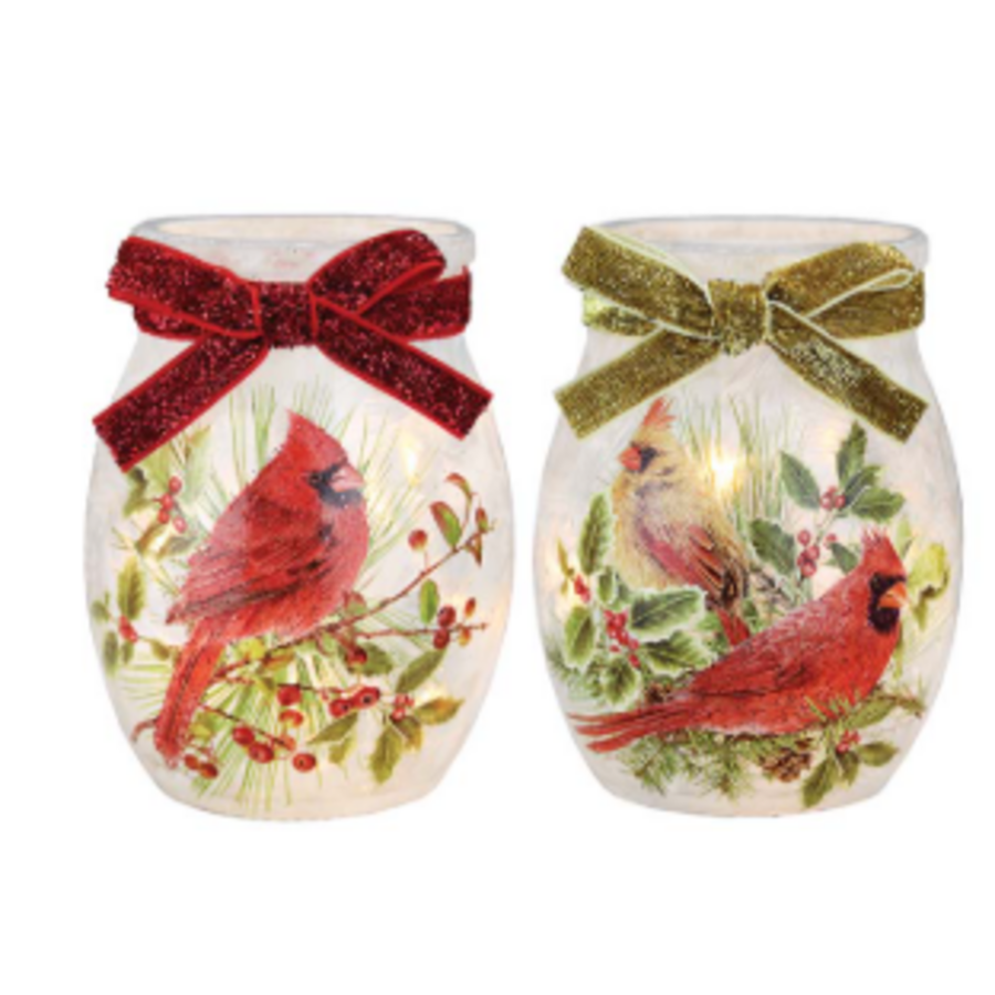 Cardinals on Greens Pre-Lit Small Jar
