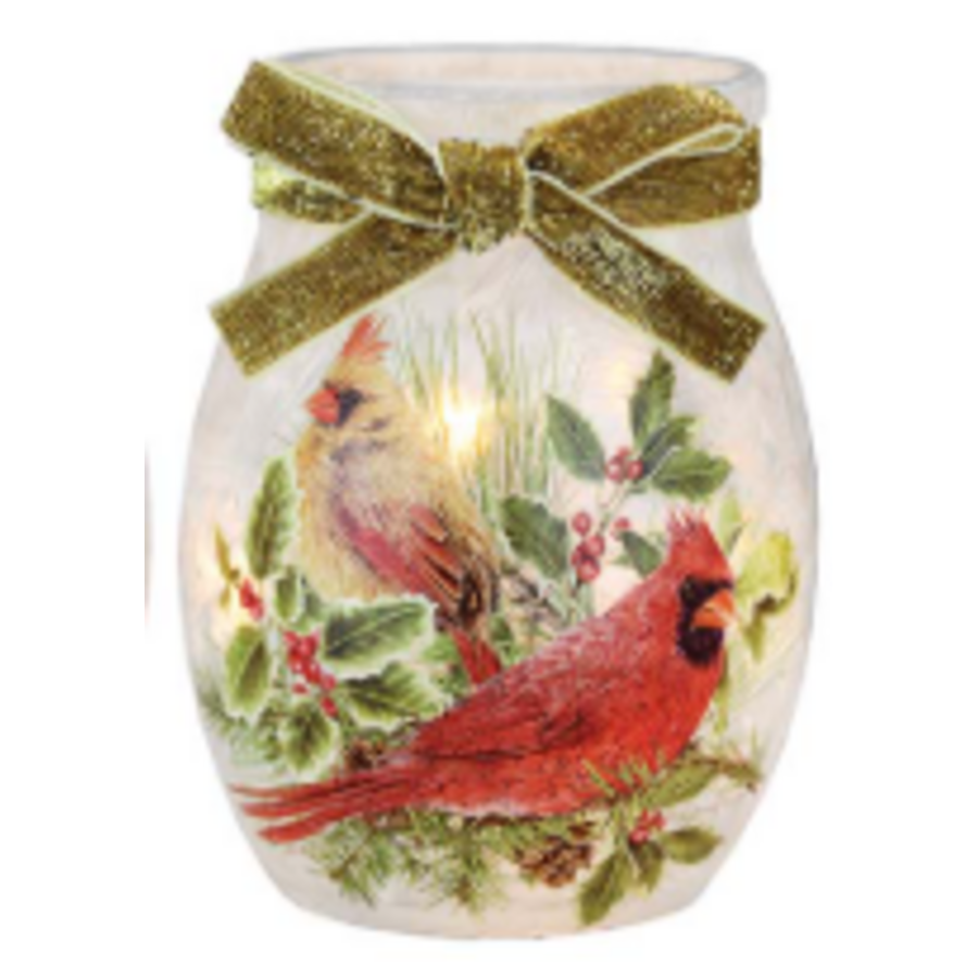 Cardinals on Greens Pre-Lit Small Jar