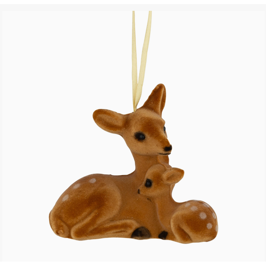 Flocked Doe and Fawn Ornament