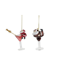 Glass Cocktail Ornament with Tipsy Santa