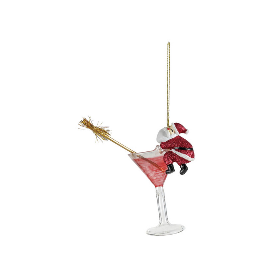 Glass Cocktail Ornament with Tipsy Santa