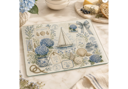  Fernville Creations Coastal / Hydrangea Tempered Glass Cutting Board & Serving Tray 