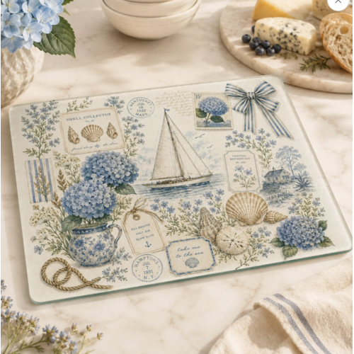  Fernville Creations Coastal / Hydrangea Tempered Glass Cutting Board & Serving Tray 