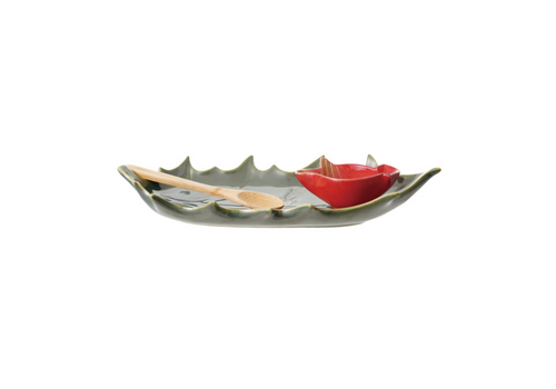 Creative Co-Op Stoneware Leaf Plate Bird Dish & Bamboo Spoon Boxed Set 