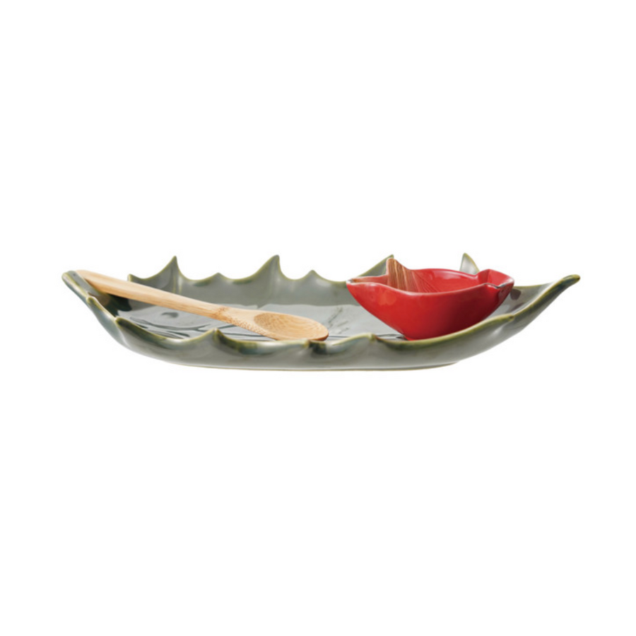 Stoneware Leaf Plate Bird Dish & Bamboo Spoon Boxed Set