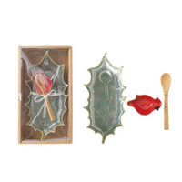 Stoneware Leaf Plate Bird Dish & Bamboo Spoon Boxed Set