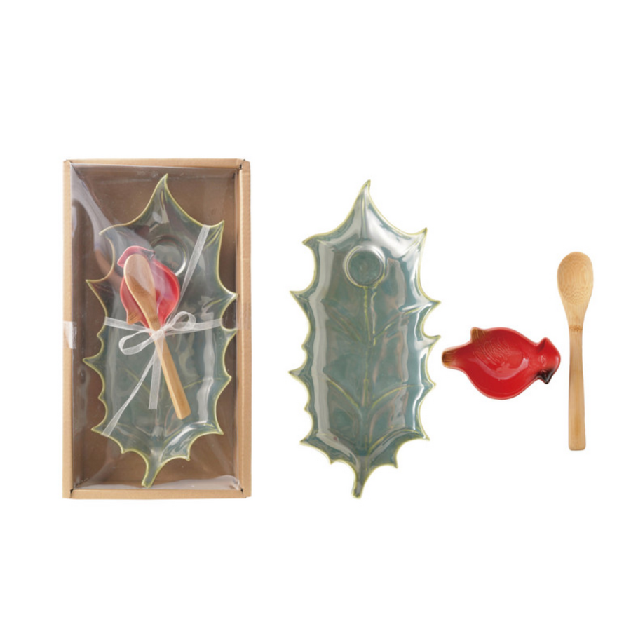 Stoneware Leaf Plate Bird Dish & Bamboo Spoon Boxed Set