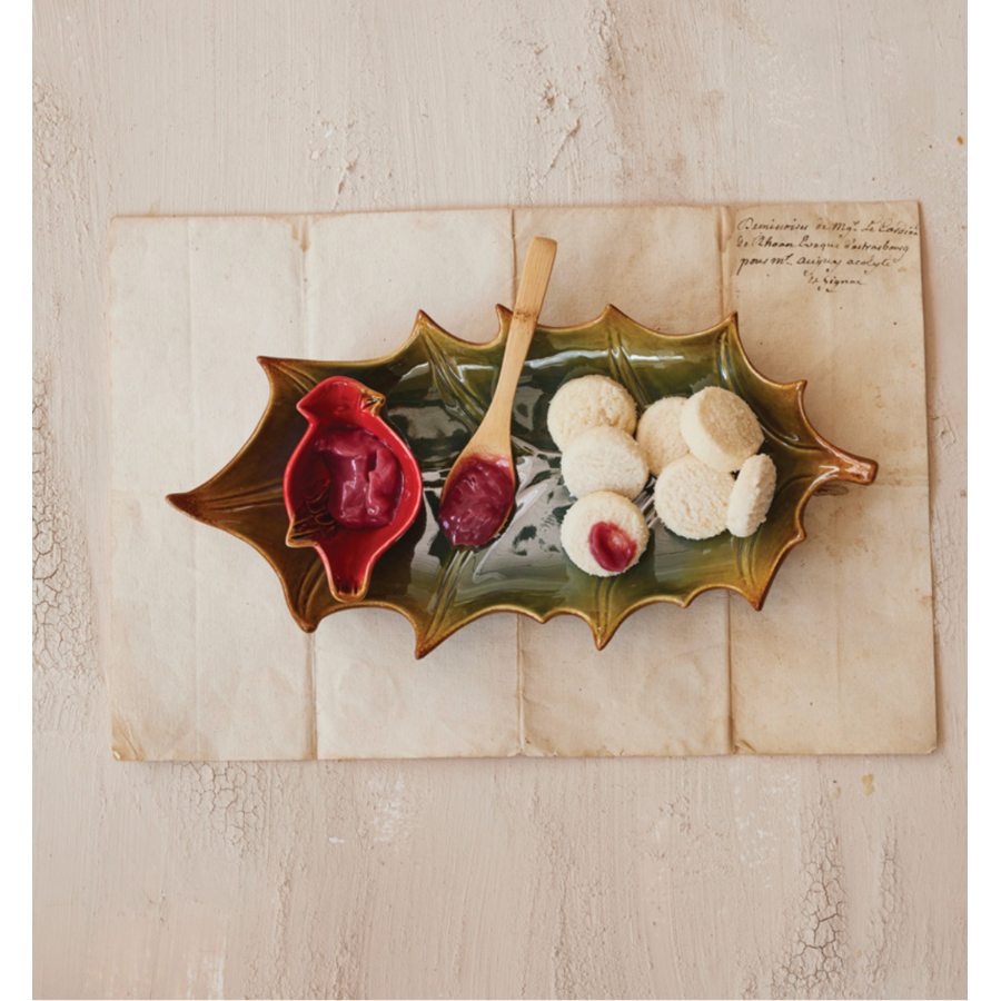 Stoneware Leaf Plate Bird Dish & Bamboo Spoon Boxed Set