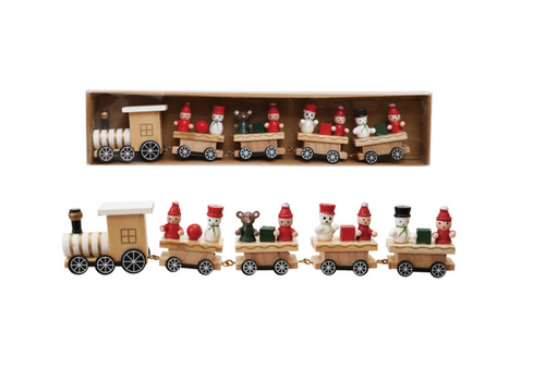  Creative Co-Op Wood Train with Holiday Passengers Boxed Set 