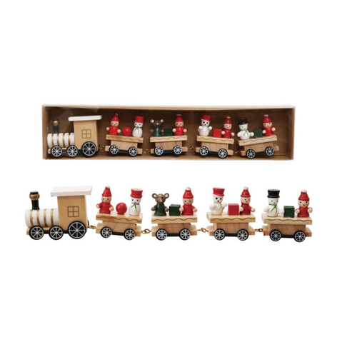  Creative Co-Op Wood Train with Holiday Passengers Boxed Set 