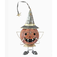 Metal Halloween Orange Pumpkin Statue with Hat & Glasses