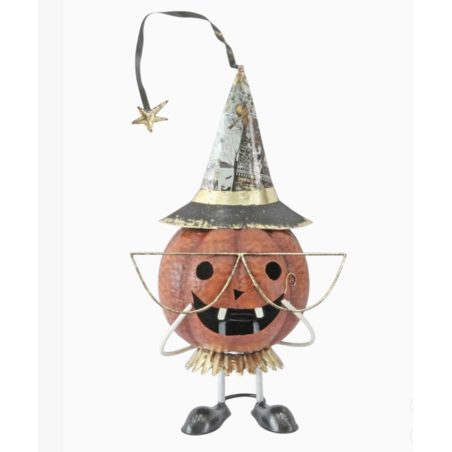 Metal Halloween Orange Pumpkin Statue with Hat & Glasses