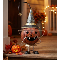 Metal Halloween Orange Pumpkin Statue with Hat & Glasses