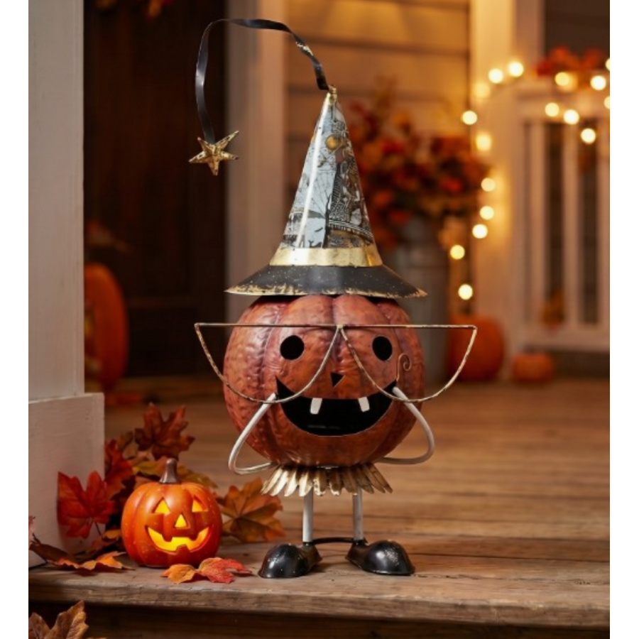 Metal Halloween Orange Pumpkin Statue with Hat & Glasses