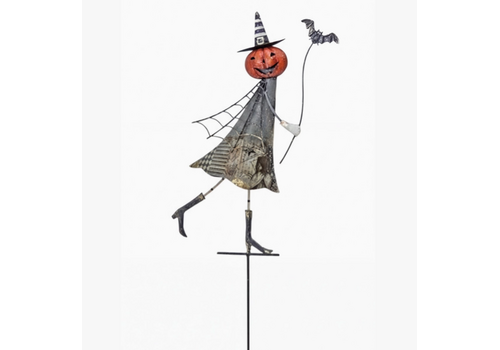  Continental Art Center Metal Halloween Pumpkin Statue Stake with Witch Hat 
