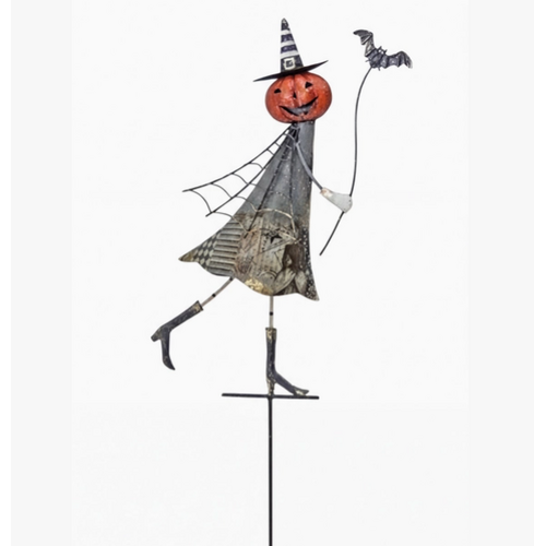  Continental Art Center Metal Halloween Pumpkin Statue Stake with Witch Hat 