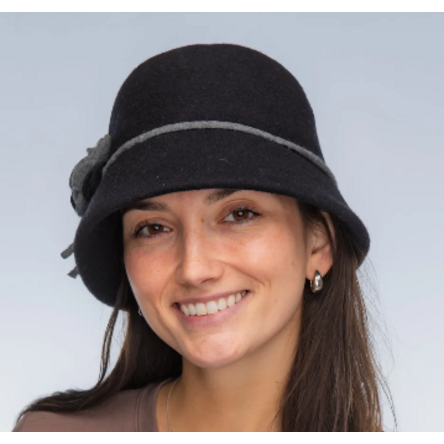 Boiled Wool Hat with 2 Tone Flower & Contrast Tie