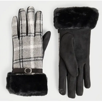 Belted Fur Cuff Plaid Touchscreen Gloves Black