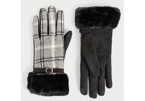  COCO + CARMEN Belted Fur Cuff Plaid Touchscreen Gloves Black 