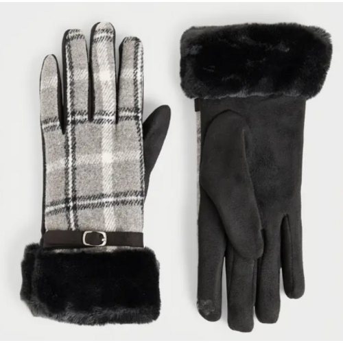  COCO + CARMEN Belted Fur Cuff Plaid Touchscreen Gloves Black 