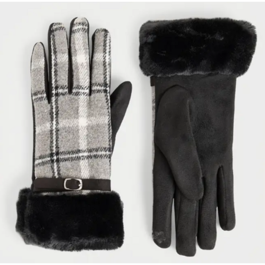 Belted Fur Cuff Plaid Touchscreen Gloves Black